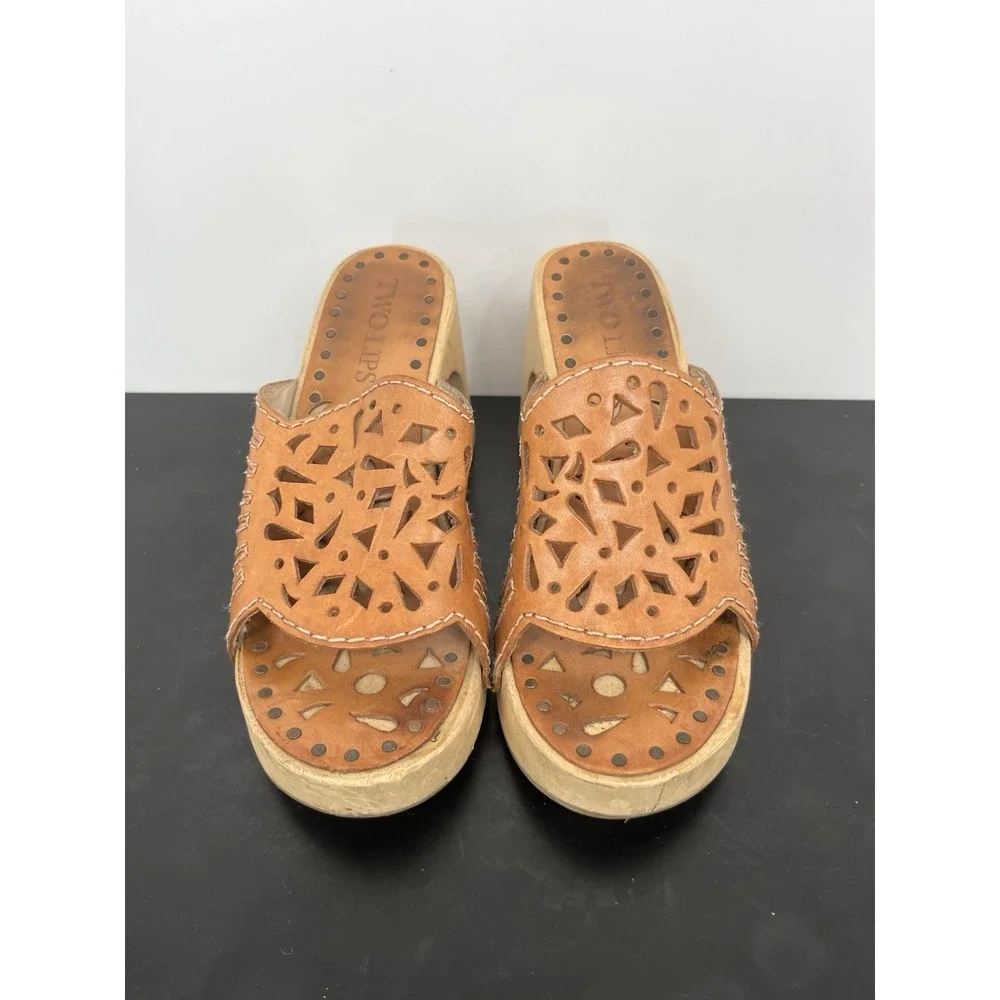 Y2K Vintage Wedge Sandals 5 Tan Leather Chunky Platform Wooden Block Heel Cutout